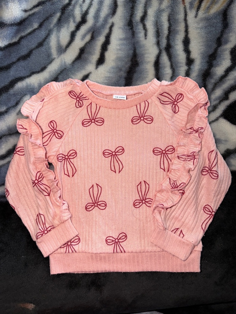 Pink Bow Print Ruffle Sweater